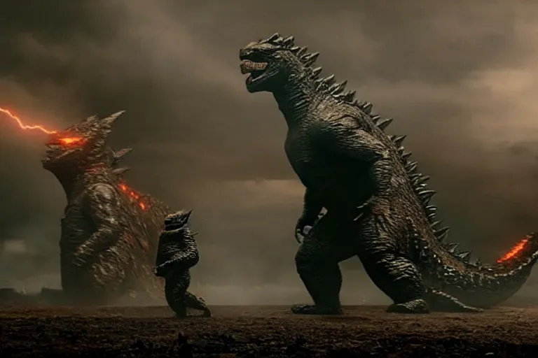 Prompt: two godzillas sitting in the living room couch playing playstation, cinematic, epic lighting, still shot from the new godzilla movie
