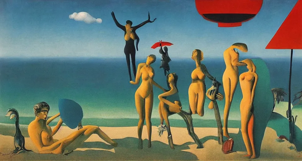 Prompt: a surreal painting by max ernst, rene magritte, dorothea tanning, titled'holiday at the beach'