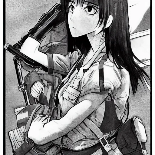 Prompt: manga style, black and white, thin line art, portrait of girl, shoulder eyes, trench and sandbags in background, soldier clothing, military gear, short hair, hair down, symmetrical facial features, round face, 4 k, detailed drawing, by kohei horikoshi, hiromu arakawa, alphonse mucha, greg rutkowski