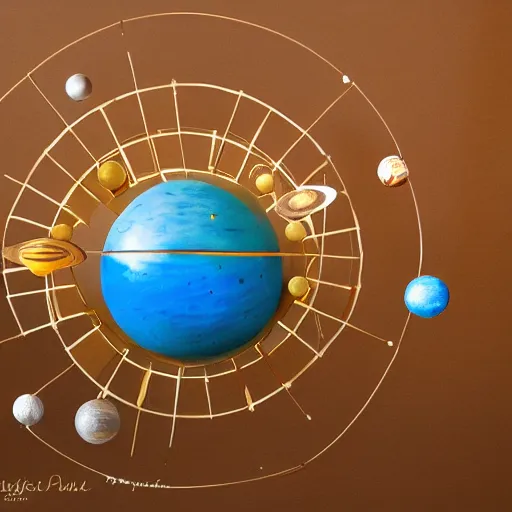 Image similar to a kinetic sculpture of this solar system, sun, mercury, venus, earth, mars, jupiter, saturn, uranus, neptune, pluto, orrery, canon 5 d 5 0 mm lens, papier - mache, studio, artificial intelligence