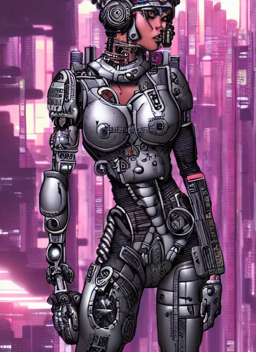 Image similar to a female cyborg soldier in grungy cyberpunk megacity, intricate, cyberpunk, vaporwave, portrait by j scott campbell