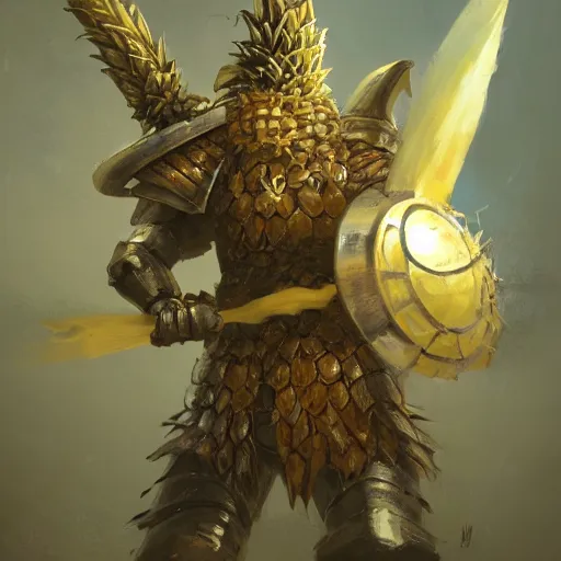 Image similar to Anthropomorphized pineapple in battle armour, D&D, fantasy, cinematic lighting, highly detailed, digital painting, artstation, concept art, smooth, sharp focus, illustration, warm light, cozy warm tint, magic the gathering artwork, volumetric lighting, 8k, no gold, no gold colours, art by Akihiko Yoshida, Greg Rutkowski