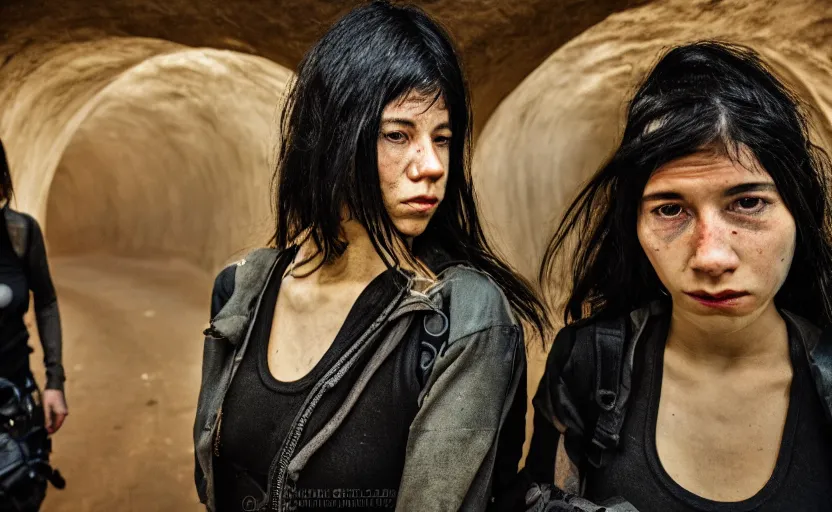 Prompt: cinestill 5 0 d photographic portrait by helen levitt of two loving female cyborgs wearing black waist cutout techwear in a retrofuturist liminal tunnel underground, extreme closeup, modern cyberpunk, dust storm, 8 k, hd, high resolution, 3 5 mm, f / 3 2, ultra realistic faces, intricate detail, ex machina