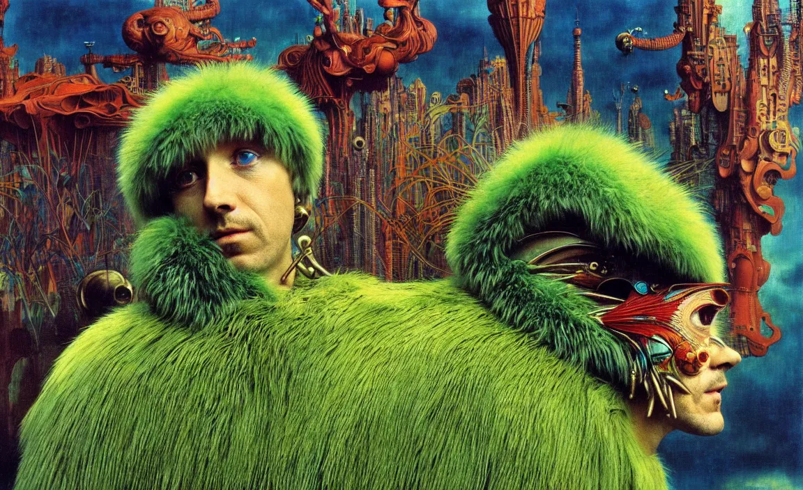 Prompt: realistic detailed portrait movie shot of a birdman wearing green fur coat, sci fi city landscape background by denis villeneuve, amano, yves tanguy, alphonse mucha, ernst haeckel, max ernst, roger dean, masterpiece, rich moody colours, blue eyes, occult