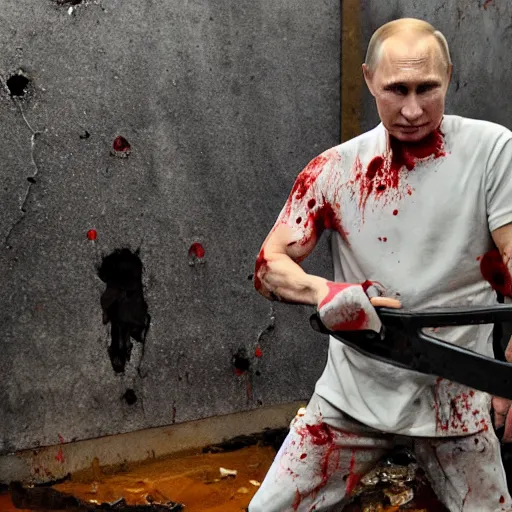 Image similar to putin with a chainsaw and a corpse. in a concrete bunker. focus on putins face with blood splatters. canon eos r 3, f / 1. 4, iso 1 6 0 0, 1 / 8 0 s, 8 k, raw, grainy