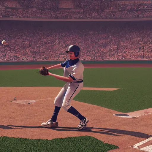 Image similar to baseball player hitting the ball with the baseball bat in the middle of the game and in front of everyone in the stadium, james gurney painting style, greg rutkowski, artstation, octane render, unreal engine 5