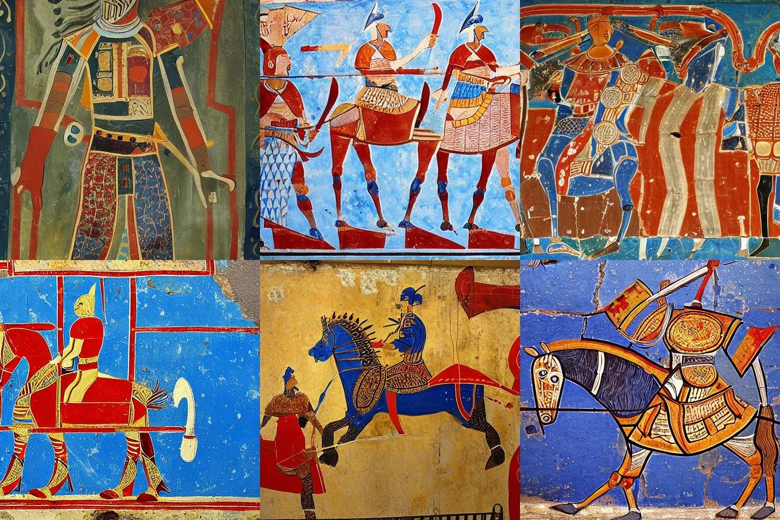 Prompt: Minoan painting on a wall of a knight in full plate, wide shot