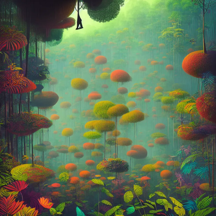 Image similar to surreal glimpse, malaysia jungle, summer morning, very coherent and colorful high contrast pastel art by gediminas pranckevicius james gilleard james gurney floralpunk screen printing woodblock, dark shadows, hard lighting, stippling dots,