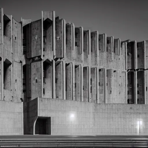 Image similar to a sci - fi brutalist castle built in brutalism architecture, diverse unique building geometry full of shapes and corners, photography at night