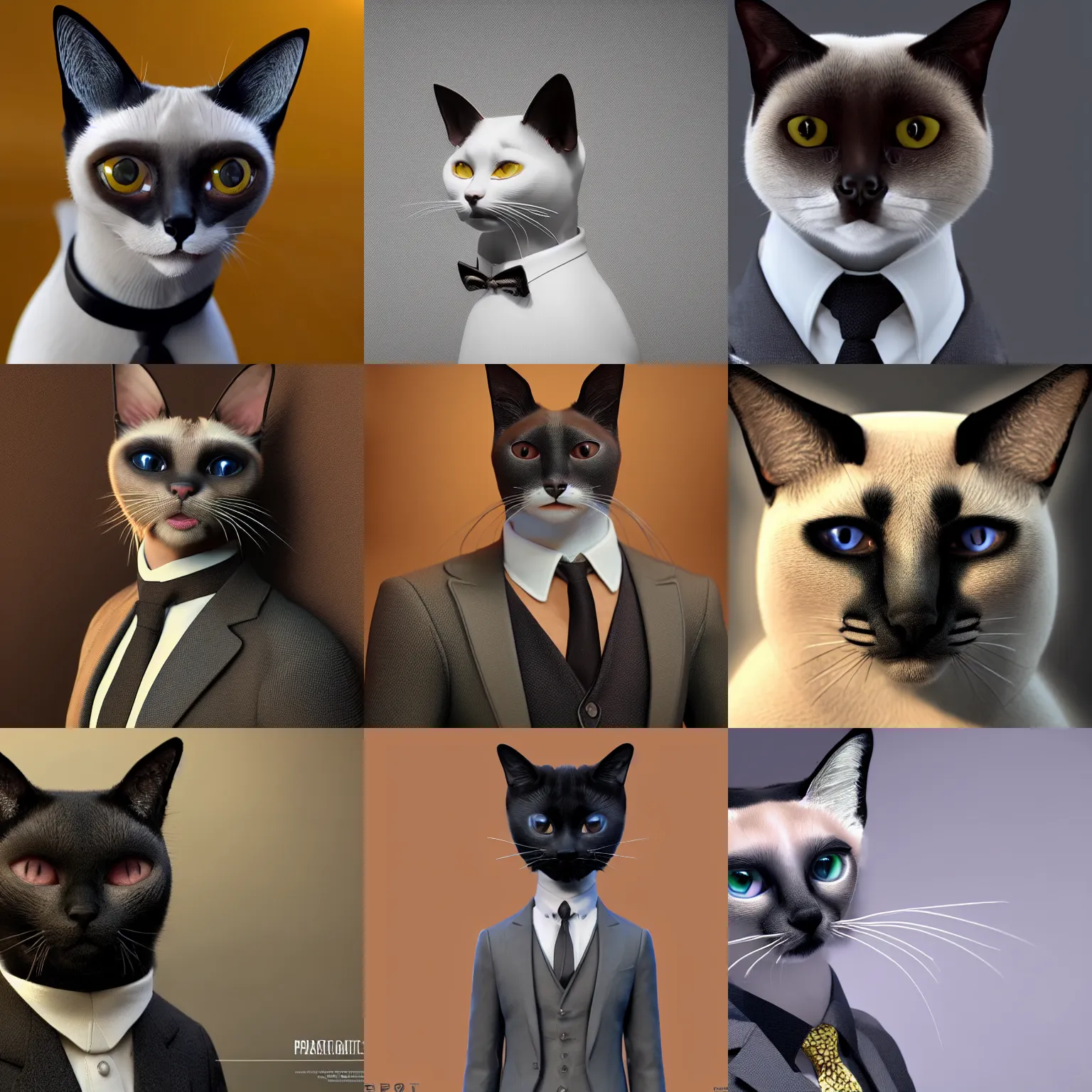 Prompt: portrait of a siamese cat wearing a suit, photorealistic, unreal engine, intricate complexity, cinematic, 8 5 mm