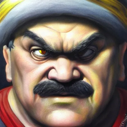 Prompt: An ultra realistic portrait painting of Wario in the style of Frank Frazetta, 4k, Ultra realistic, Highly Detailed, Dark Fantasy, Epic Lighting