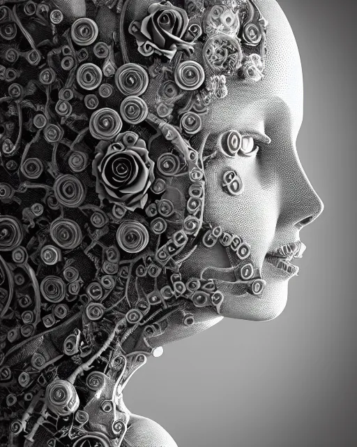 Image similar to mythical dreamy black and white organic bio - mechanical spinal ribbed profile face portrait detail of translucent steampunk beautiful female angelic - human - queen - vegetal - cyborg, highly detailed, intricate crystal ivy jelly ornate, poetic, translucent roses ornate, 3 d render, digital art, octane render, 8 k artistic photography, photo - realistic, by dora maar