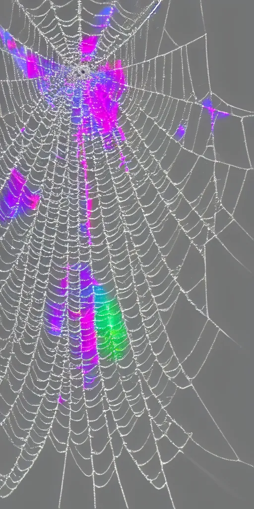 Image similar to a cobweb made of iridiscent platinum and ceramic chains, 4k photography flash