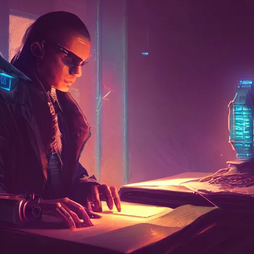 Image similar to sci fi cyberpunk fantasy art prompt magician studying casting spells with keyboard, by greg rutkowski ultrahd dark volumetric lighting hyper detailed unreal engine octane render