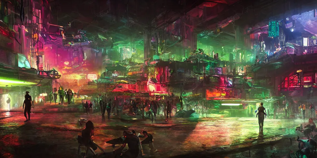 Prompt: a cyberpunk rave in a indoor football stadium, background scene from the old city of babylon, concept art, ultra realistic, 8 k, painting, highly detailed, sci - ci, neon, rain, guns, firearms, robbery, a police car burning