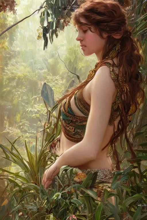 Image similar to ultra realistic illustration, bohemian girl in jungle, staring directly into camera, intricate, elegant, highly detailed, digital painting, artstation, concept art, smooth, sharp focus, illustration, art by artgerm and greg rutkowski and alphonse mucha