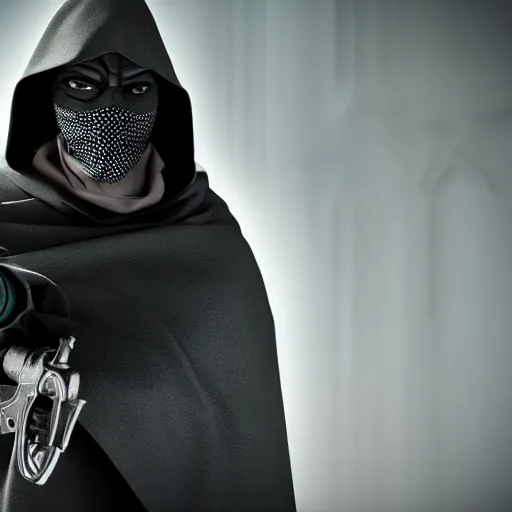 Prompt: masked villain with a dark cloak and a light grey jumpsuit holding a big iron revolver and turning his head at a 3 0 degree angle ( highly detailed, photo - realistic, hyperrealistic, flashing lights, greatly illustrated, uhd, 4 k render image )