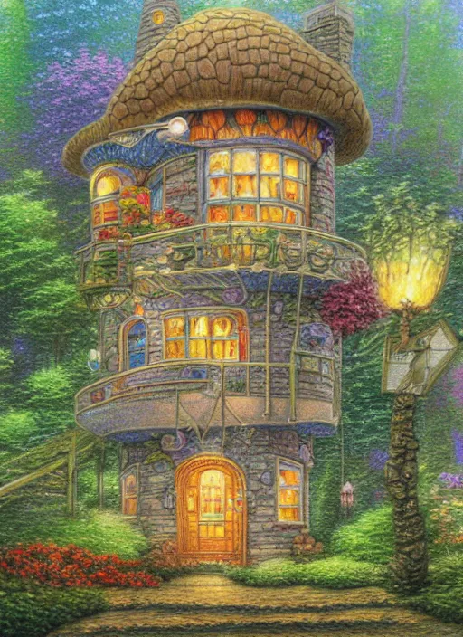 Prompt: a hybrid between a mushroom and a house,, insanely detailed, studio light, thomas kinkade, colored pencil