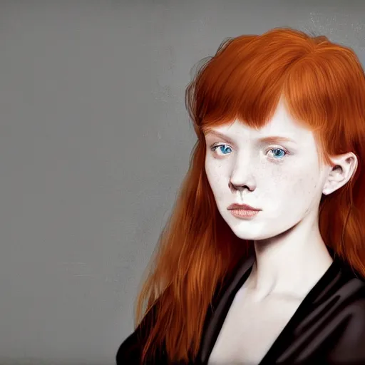 Image similar to studio portrait, a cute pretty 18 year old short pale ginger girl with freckles, ginger hair is middle parted, ginger hair is short, scowling, wearing a black robe, trending on art station, by wlop