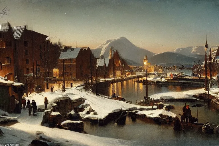 Prompt: Tromsø in winter painted by Ludwig Deutsch and Rudolf Ernst, strong dramatic cinematic lighting, smooth, sharp focus, aurora borealis, extremely detailed