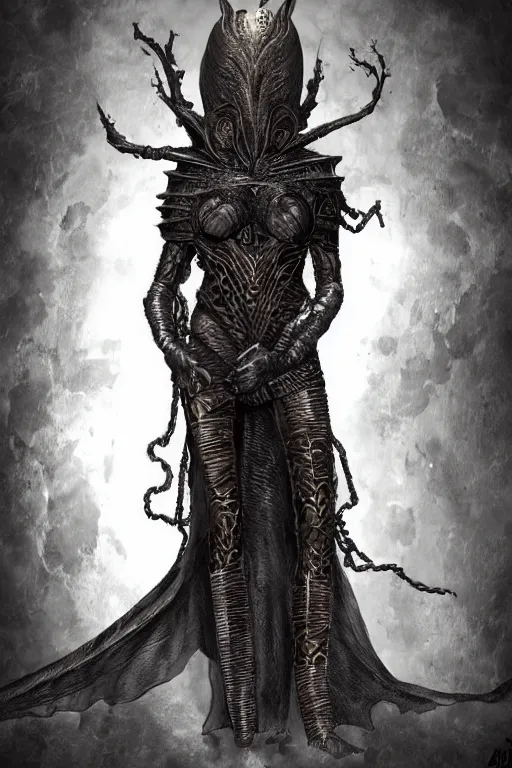 Image similar to ninja african princess with an afro in the style of giger. wearing cloak, medieval body armor, artgerm, trending on artstation, character concept art.