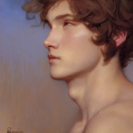 Image similar to detailed portrait of serene anime boy raphael, closed eyes, natural light, painting by gaston bussiere, craig mullins, j. c. leyendecker