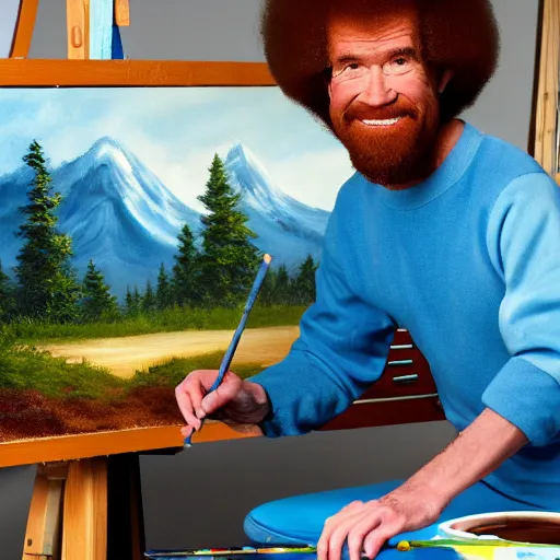 Prompt: a closeup photorealistic photograph of bob ross working on a canvas painting of cookie monster. film still. brightly lit scene. mountains and trees. this 4 k hd image is trending on artstation, featured on behance, well - rendered, extra crisp, features intricate detail, epic composition and the style of unreal engine.