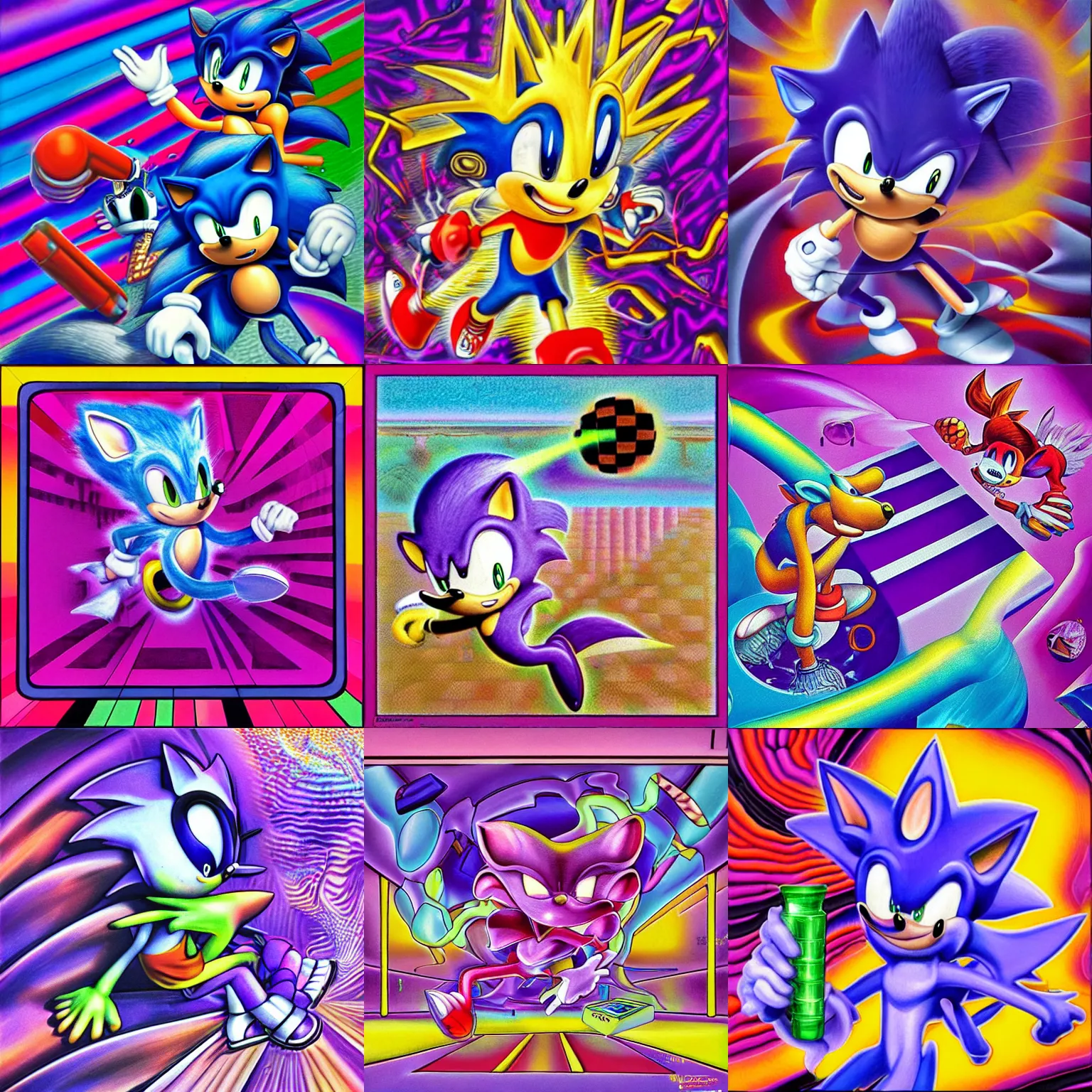 Prompt: surreal, sharp, detailed professional, soft pastels, high quality airbrush art album cover of a liquid dissolving airbrush art lsd dmt sonic the hedgehog swimming through cyberspace, purple checkerboard background, 1 9 9 0 s 1 9 9 2 sega genesis rareware video game album cover