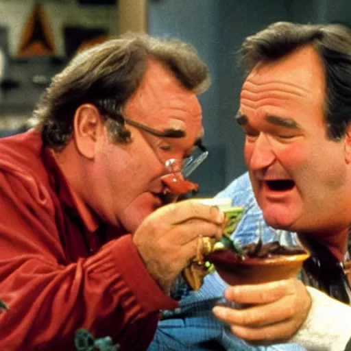 Image similar to robin williams spoon feeds john candy the viscous bbq sauce