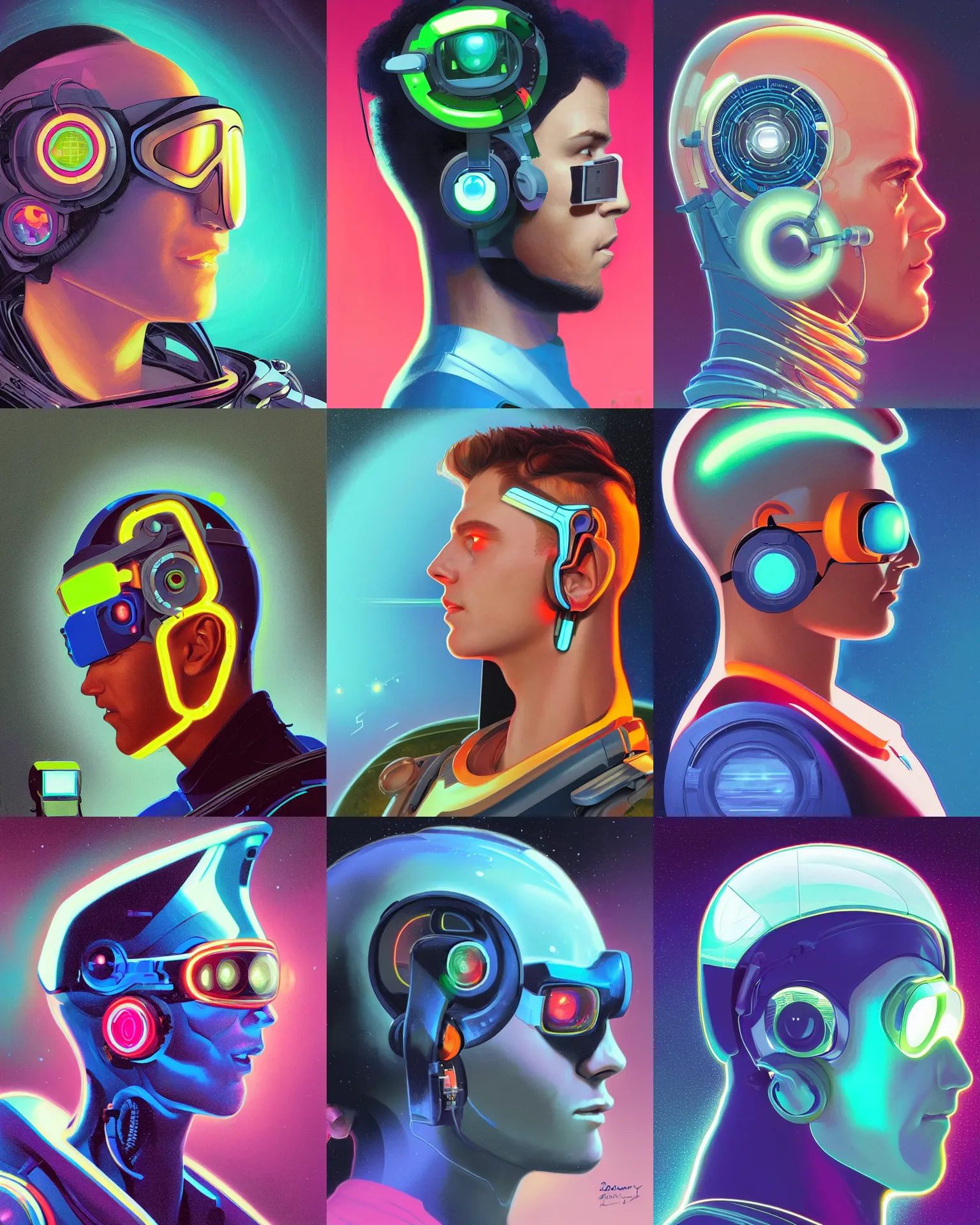 Prompt: side view future coder man, compact cyclops display over eyes and compact bright headphoneset, neon accent lights, holographic colors, desaturated headshot portrait digital painting by dean cornwall, rhads, john berkey, tom whalen, alex grey, alphonse mucha, donoto giancola, astronaut cyberpunk electric widow's peak profile