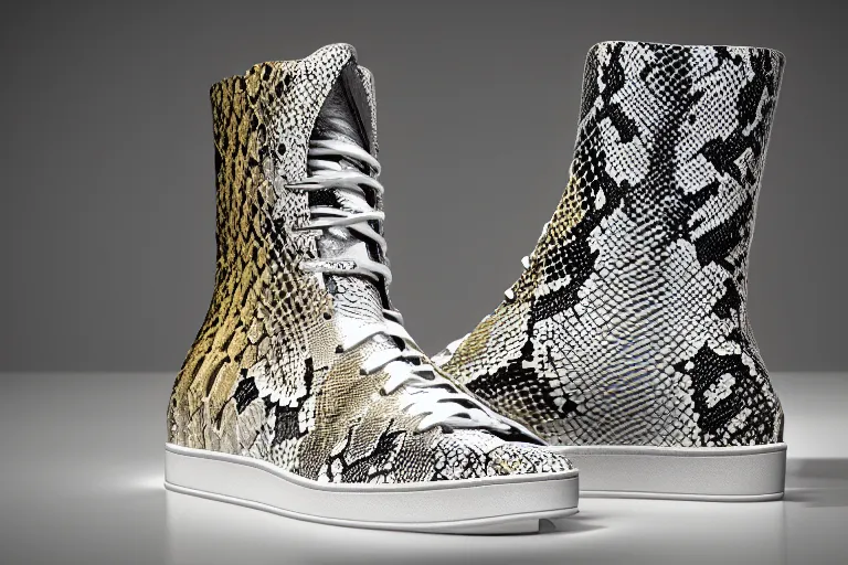 Prompt: one snakeskin hightop sneaker with neon illuminated soles on a white surface, clean 3 d render, beautiful studio lighting, soft, sharp focus, cyberpunk, intricate detail, gold filigree, art by iris van herpen and syd mead