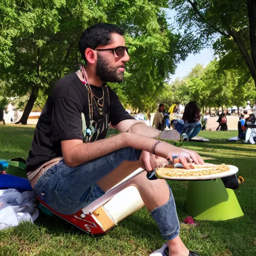 Image similar to in the park, a disc jockey playing music from turntables and eating a falafel pita sandwich