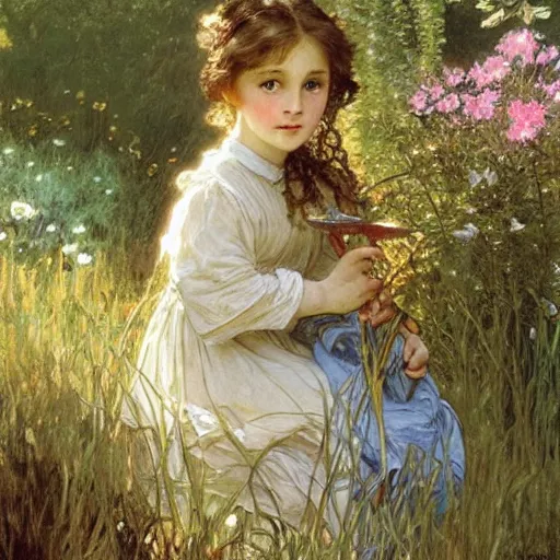 Prompt: a cute little girl with curly light brown hair and blue eyes in a garden, beautiful highly detailed face, stunning painting by beatrix potter and greg rutkowski and alphonse mucha