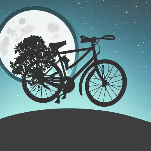 Prompt: a silhouette of an alien making a big jump with bike with a basket in front of it, flying, a silhouette of trees and big grass, big shiny moon on the background at night