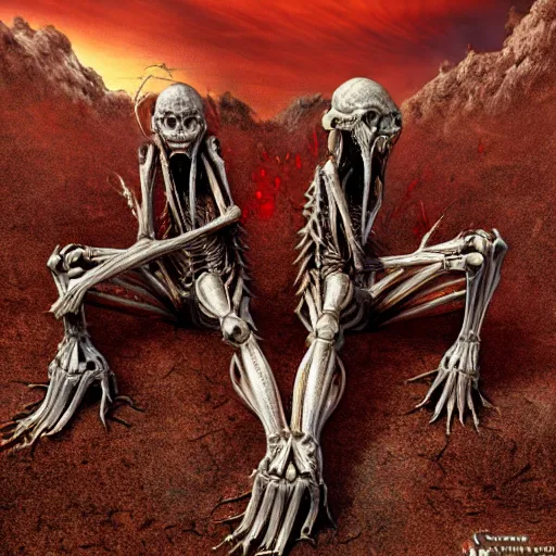 Image similar to conjoined demon twins sitting legs crossed in a desert hellscape covered in gore by Yoshitaka Amano, by HR Giger, biomechanical, 4k, hyper detailed, hyperrealism, anime, a Broken World demons flying overhead, red sky, blood and body parts, deviantart, artstation