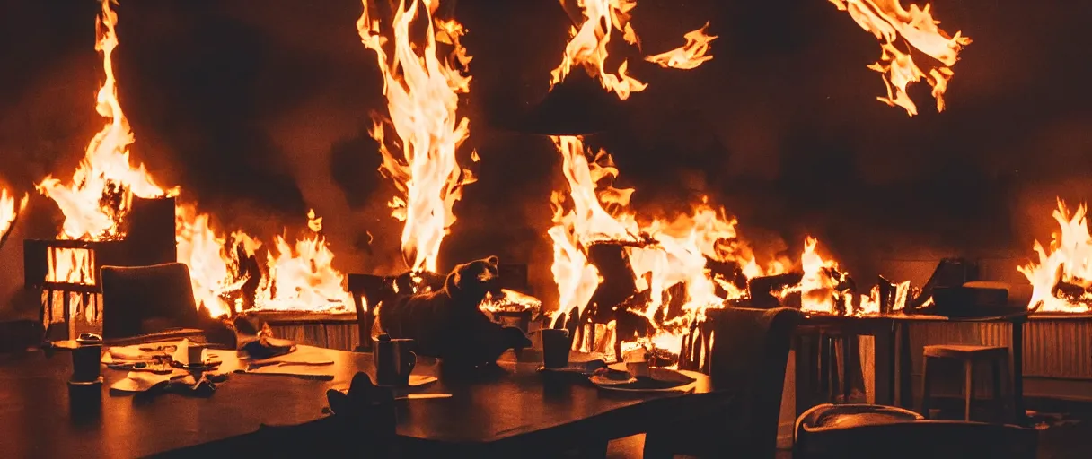 Image similar to a studio photograph (flash on) of a big fire on a dining room on fire, an human-like relaxed dog sitting on a wooden chair at a table (no fire at all there), lights on, ☕ on the table, surrounded by flames, a lot of flames behind the dog, black smoke instead of the ceiling, no watermark