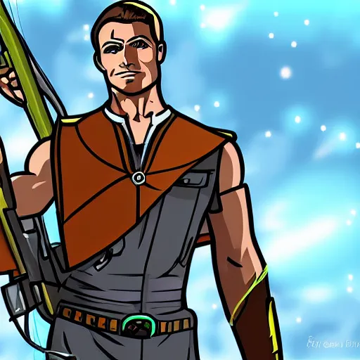 Image similar to archer in fix costume shooting at giant computer, hd, digital art