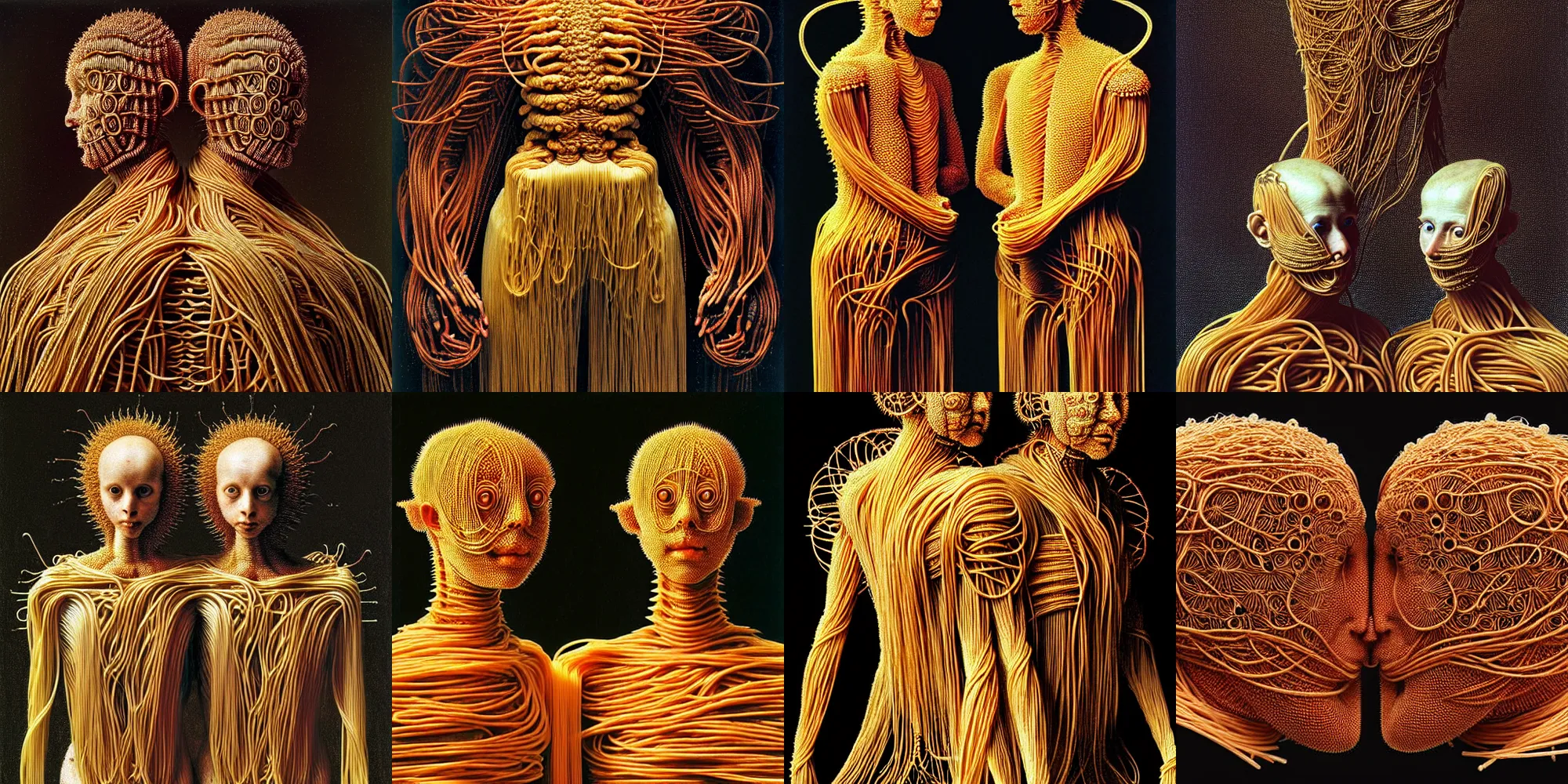 Prompt: wide angle shot of siamese twins made of spaghetti, f / 1 6, intricate armor made of fractals of spaghetti, by giuseppe arcimboldo and ambrosius benson, renaissance, a touch of beksinski, realistic
