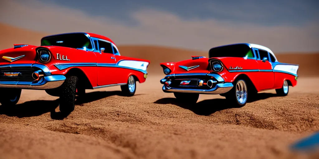 Image similar to Hot Wheels, 1957 Chevrolet Bel Air, lifted, 4x4, K10, trophy truck, cinematic, Maxxis, 8k, depth of field, mexican desert, bokeh, DAKAR.