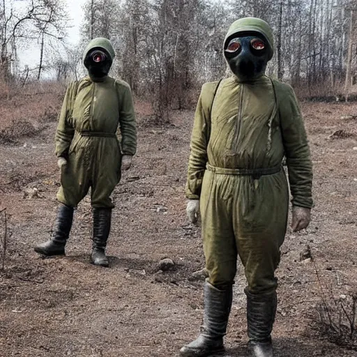 Image similar to russian soldiers in gas masks found the last surviving ukrainian after a nuclear war