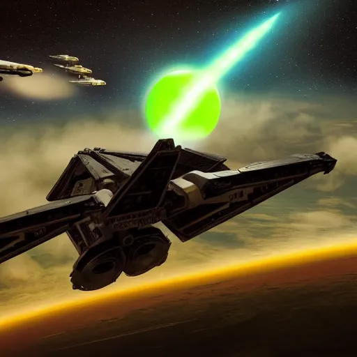 Image similar to horizon x wing space ship, tie fighters fighting in toxic green planet moon and stars in background hyper realistic, high definition cinematic