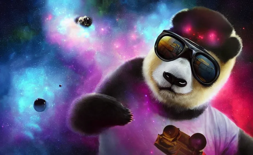 Prompt: anthropomorphic panda wearing sunglasses floating in a nebula in space, distant vibrant magical lights, volumetric lighting, puffy clouds, digital art, concept art, hyperdetailed, film by denis villeneuve, style of denis villeneuve