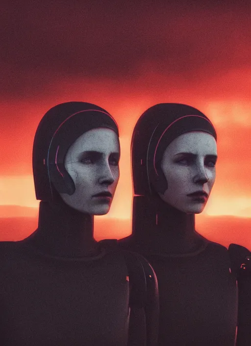 Prompt: cinestill 5 0 d photographic portrait of two loving female androids wearing rugged black techwear on a desolate plain with a brutalist monument and a red sky, extreme closeup, cyberpunk style, dust storm, 8 k, hd, high resolution, 3 5 mm, f / 3 2, ultra realistic faces, ex machina