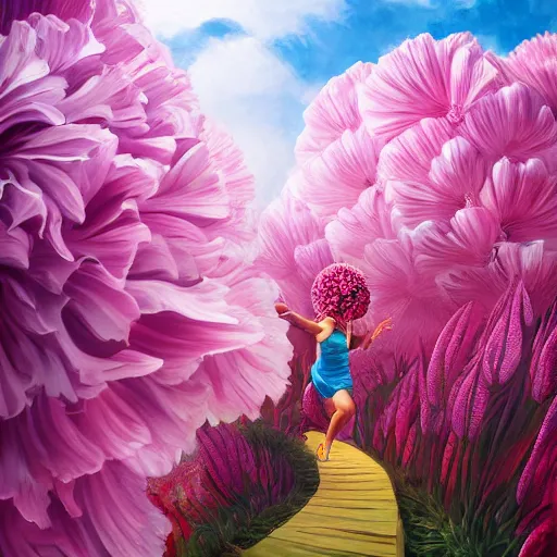 Prompt: massive carnation flower head, woman running between luxury apartments, surreal photography, sunlight, impressionist painting, digital painting, artstation, simon stalenhag