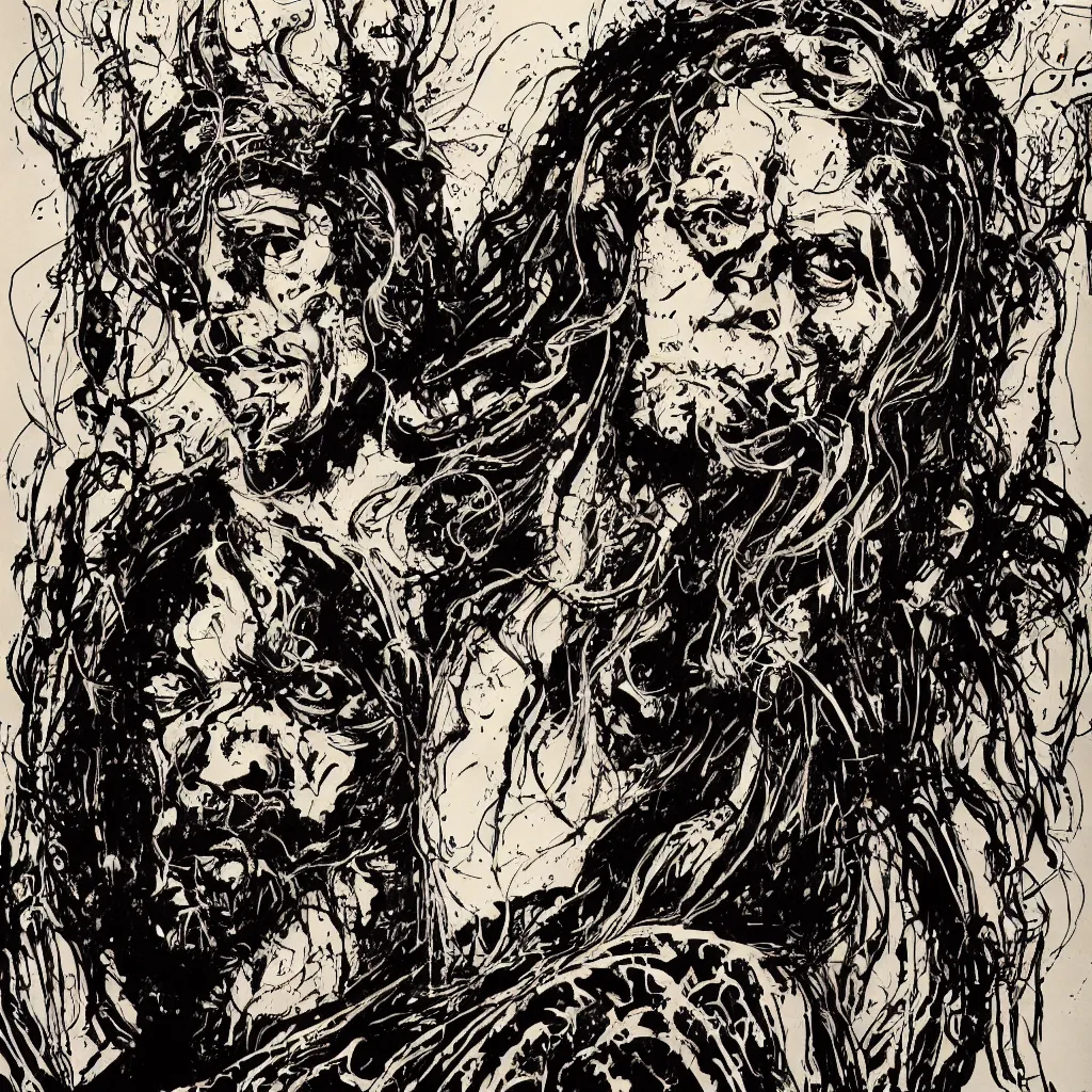 Image similar to A dramatic art nouveau bust portrait of James Earl Jones with long black hair as Thulsa Doom in scratchy detailed armor, metallic art nouveau shield design borders, by Travis Charest, Jia Ruan and Bill Sienkiewicz, fantasy art, watercolor, bleed, splatters, random brush strokes, epic lighting and depth of field, sinister ambience, malevolent expression, determination, dominance, confidence, accurate symmetrical facial details, sumerian, roman, egyptian, medieval, barbarians, warriors, knights, maidens