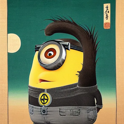 Prompt: ancient Japanese painting of a despicable me minion in battle