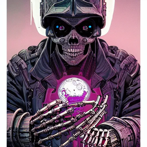 Image similar to portrait of a cybernetic evil undead skeleton sorcerer, cyberpunk concept art by josan gonzales and moebius and enki bilal and and dan mumford and jean claude meziere and philippe druilleg