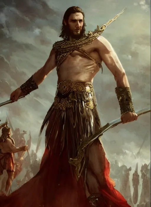 Image similar to vladimir putin as a magnificent beautiful greek god, movie 3 0 0 by greg rutkowski