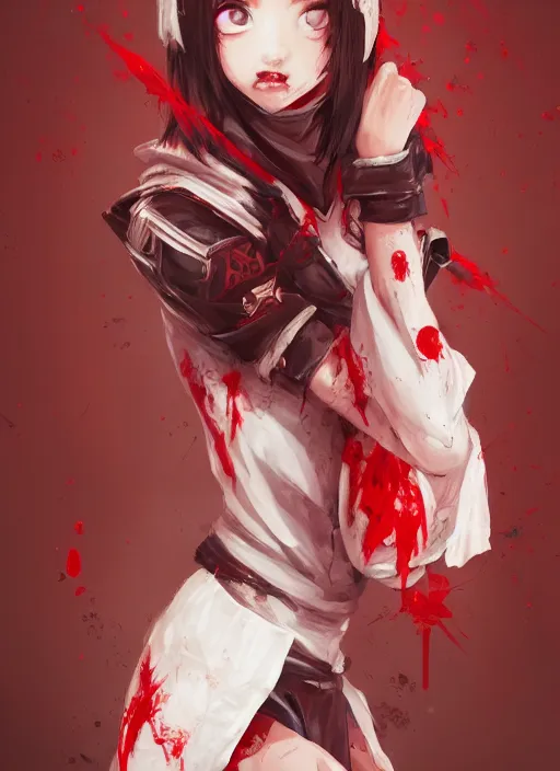 Prompt: a highly detailed illustration of short hair cute japanese girl wearing blood stained hoodie and bandages on legs, bright red eyes, dramatic sadistic berserk pose, intricate, elegant, highly detailed, centered, digital painting, artstation, concept art, smooth, sharp focus, league of legends concept art, WLOP