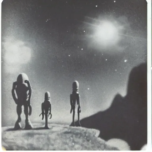 Image similar to polaroid photograph of aliens visiting earth, 1 9 5 0